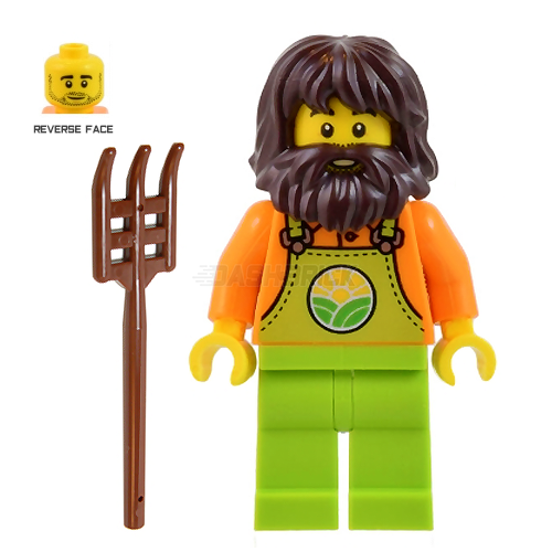 LEGO Minifigure - Farmer, Male, Lime Overalls over Orange Shirt, Long Beard (2022) [CITY]