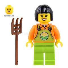 LEGO Minifigure - Farmer, Female, Lime Overalls over Orange Shirt, Lime Legs (2022) [CITY]