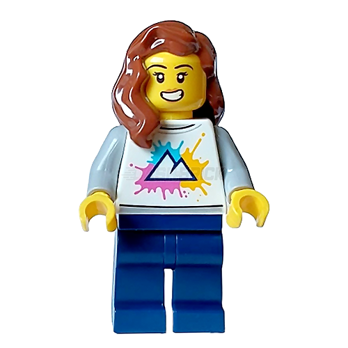 LEGO Minifigure - Female, White Shirt with Mountains Logo, Reddish Brown Hair (2023) [CITY]