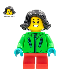 LEGO Minifigure - Child Girl, Green Winter Jacket, Black Hair, Red Short Legs (2022) [CITY]