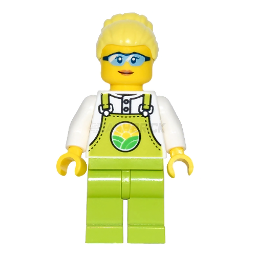 LEGO Minifigure - Female, "Farmer Peach" Lime Overalls, High Bun, Glasses (2022) [CITY]