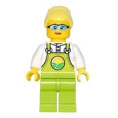LEGO Minifigure - Female, "Farmer Peach" Lime Overalls, High Bun, Glasses (2022) [CITY]
