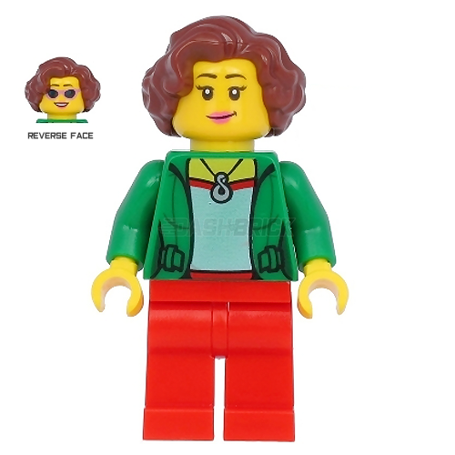 LEGO Minifigure - Female, Green Jacket, Red Legs, Reddish Brown Hair (2020) [CITY]